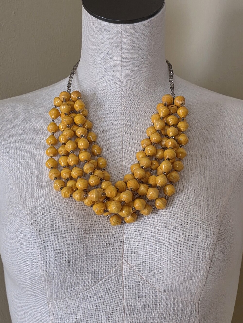 Vintage Teng Yue Statement Necklace Multi Layered Yellow Rolled Paper Seed Bead
